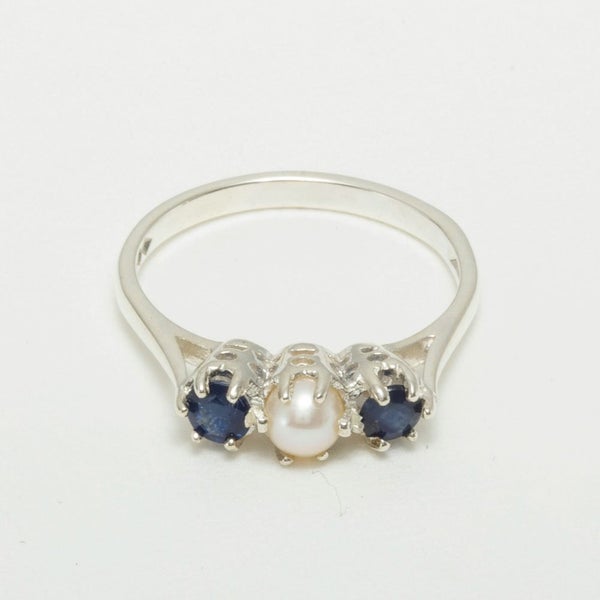 Sterling Silver Pearl & Sapphire Womens Trilogy Ring - Full 925 UK Hallmark Carousel 1