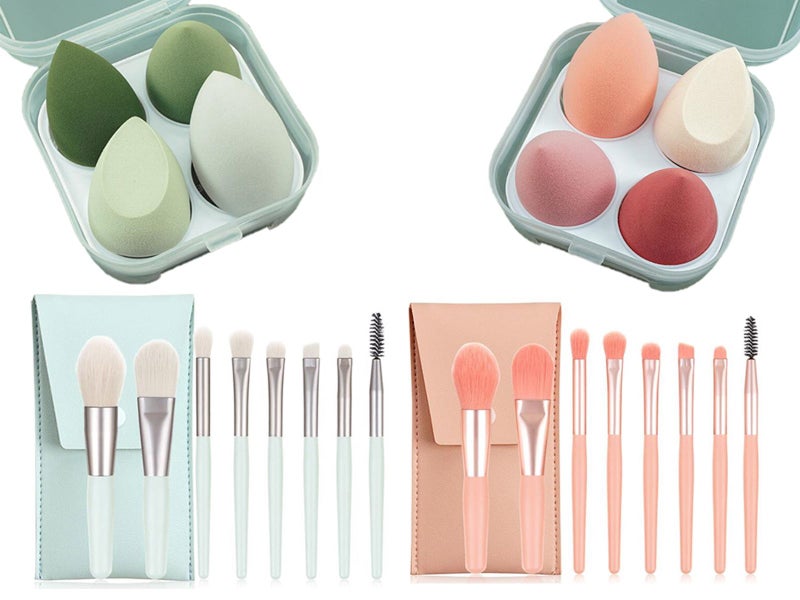 24Pcs Pink Green Mini Makeup Brushes and Pink Green Makeup Sponge Egg Carousel 1