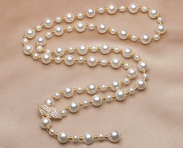 Shell Pearl Necklace - Fashion Sweater Chain White Round Pearl Long Necklace Carousel 1
