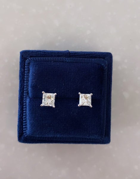 NEW 14k White Gold 1.06ctw Square Princess Brilliant Cut Diamond Stud Earrings Carousel 10