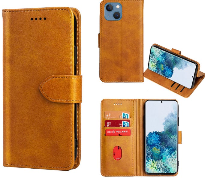 Iphone 13 mini 5.4" wallet case cowhide finish PU leather magnet card slots brn Carousel 1