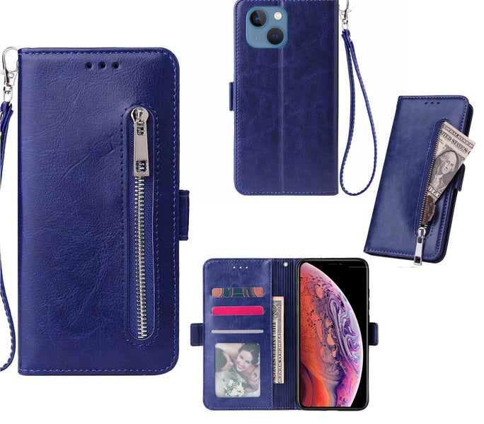 Iphone 13 mini 5.4" PU leather wallet case card slots zip side magnet blue Carousel 1