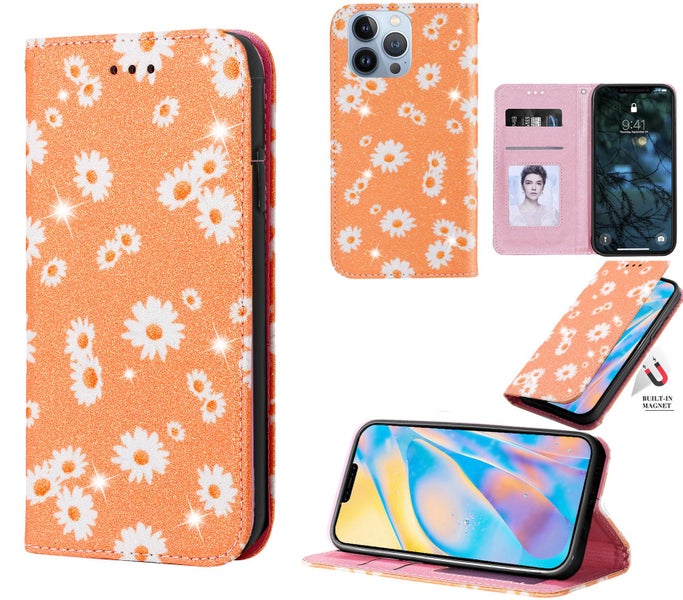 Iphone 15 pro fashion luxury glitter leather case daisy print orange Carousel 1