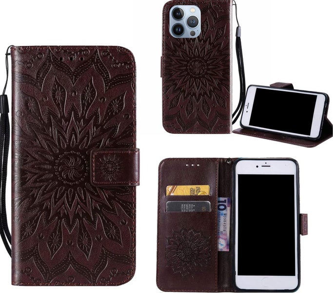 Iphone 15 pro Pu Leather Wallet Case Embossed Sunflower Card Slot brn Carousel 1