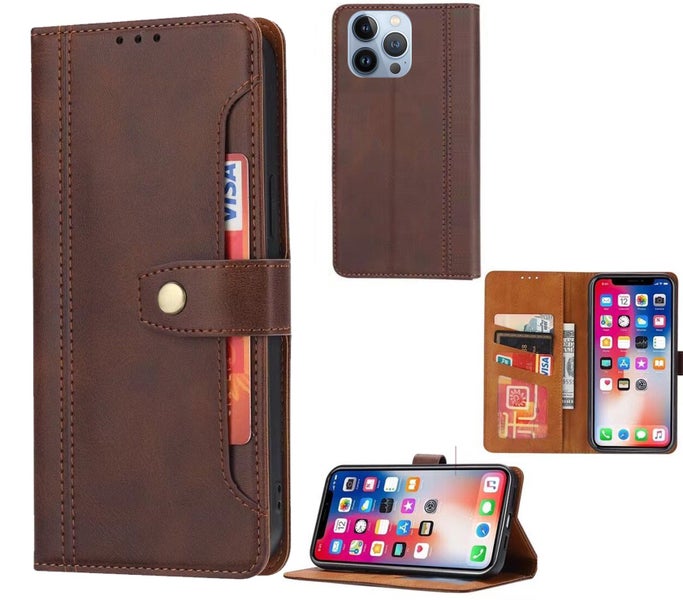 Iphone 14 pro pu leather wallet case front pocket magnetic closure brown Carousel 1