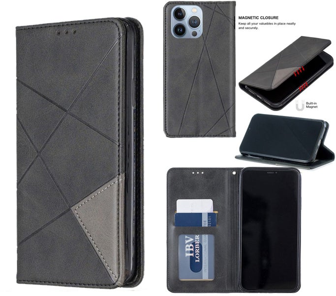 Iphone 15 pro max PU leather slim flip case patterned collage style charcoal Carousel 1