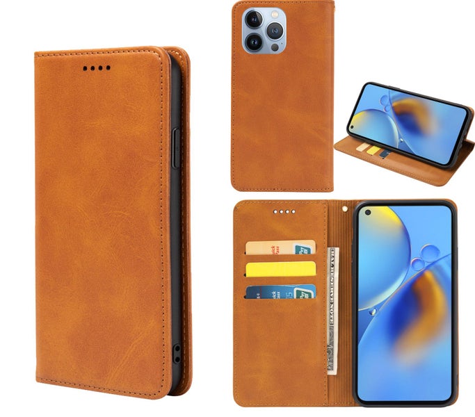Iphone 15 pro max PU leather slim flip case concealed magnet tan Carousel 1