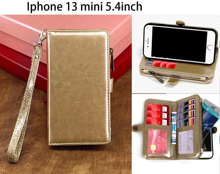 Iphone 13 mini 5.4" case triple wallet PU leather 11 cards zip pocket gld Carousel 1