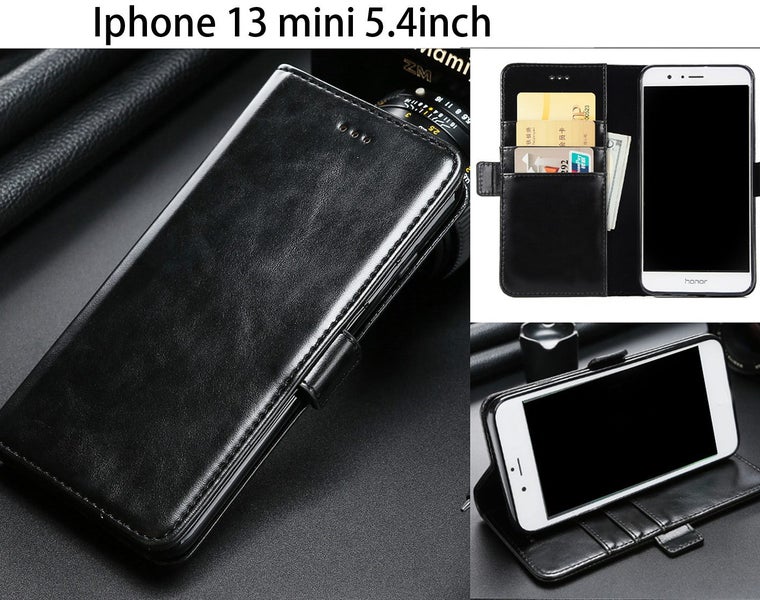 Iphone 13 mini 5.4" case executive leather wallet slim cow hide finish black Carousel 1