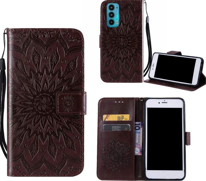 Moto edge 20 Pu Leather Wallet Case Embossed Sunflower Card Slot brn Carousel 1
