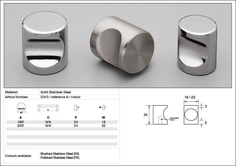 Kethy Cabinet Cylinder Knob Solid Stainless Steel S310 - Available in Various Fi Carousel 2