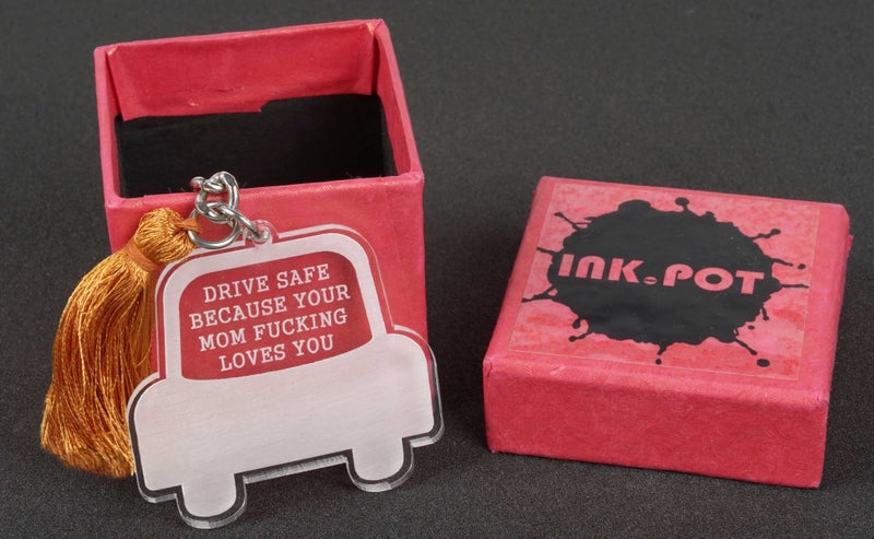 Inkdotpot Funny Keychain, Drive Safe Because Your Mom Love You Acrylic Engraved Carousel 5