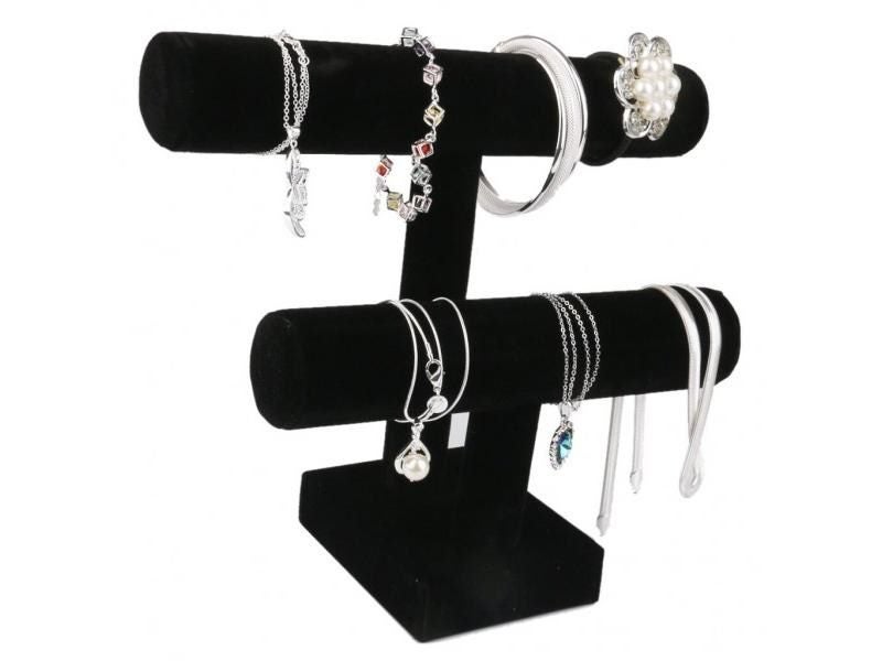 Black Color Velvet 2-Tiers T-Bar Display Stand Jewelry Holder Accessories Rack Carousel 1