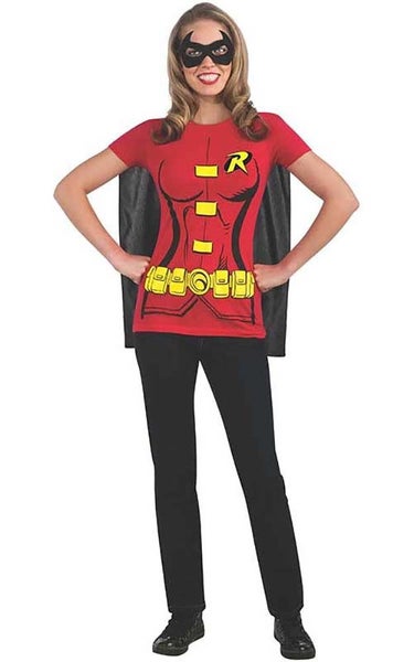 ICENSED ROBIN BATMAN T-SHIRT & MASK ADULT WOMENS DRESS UP HALLOWEEN COSTUME TOP Carousel 1