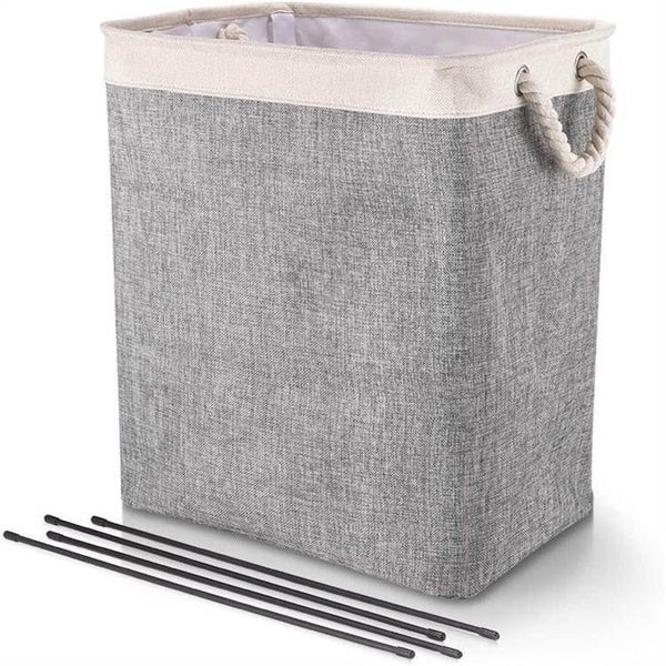 65L Collapsible Linen Laundry Basket with Rope Handle - Beige+Gray Carousel 1