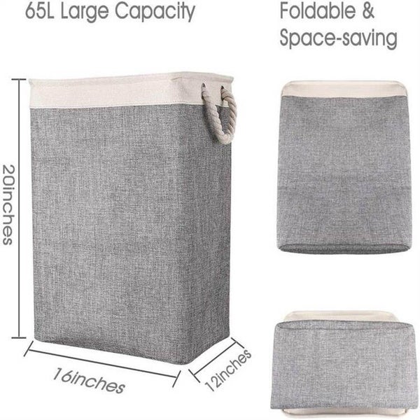 65L Collapsible Linen Laundry Basket with Rope Handle - Beige+Gray Carousel 2