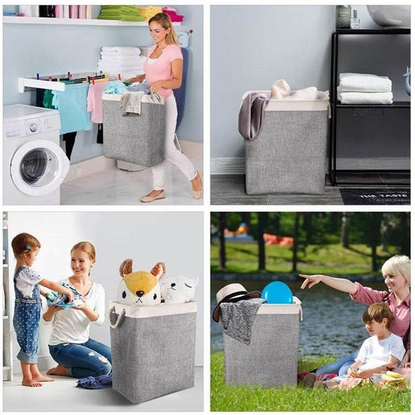 65L Collapsible Linen Laundry Basket with Rope Handle - Beige+Gray Carousel 7