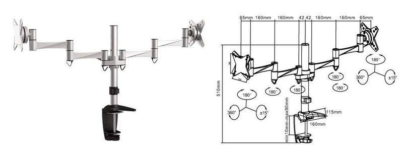 BRATECK 13''-27'' Dual Monitor desk mount. Max load: 8kg per arm. Carousel 1