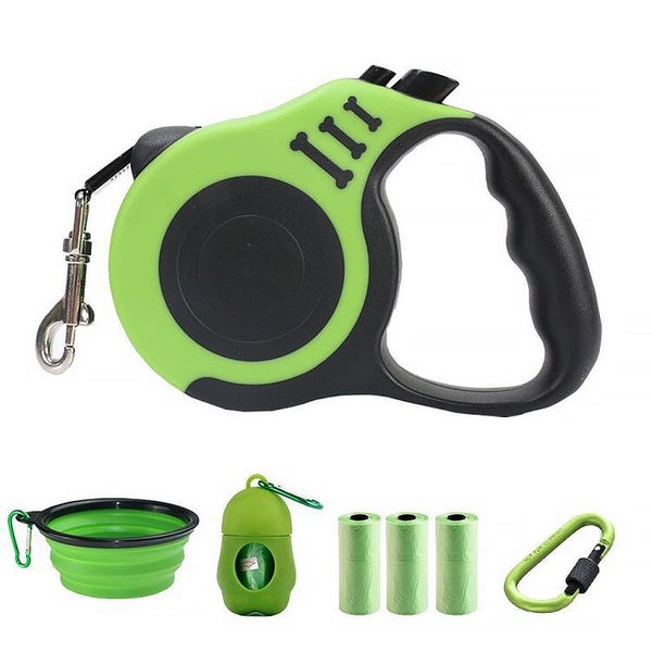 Retractable Dog Leash with Folding Bowl Dispenser Waste Bag -Green Carousel 1