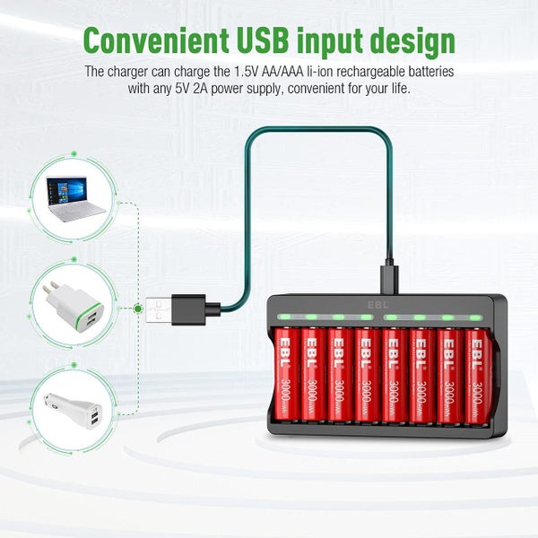 8 Bay Battery Charger w/ USB Charging Port for Rechargeable 1.5V AA AAA Battery62959511370753111