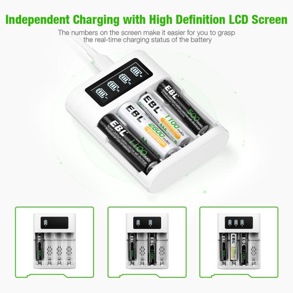 EBL 4Slots LCD Smart Charger for AA AAA NIMH NICD Rechargeable Battery -USB Port63864203518083113