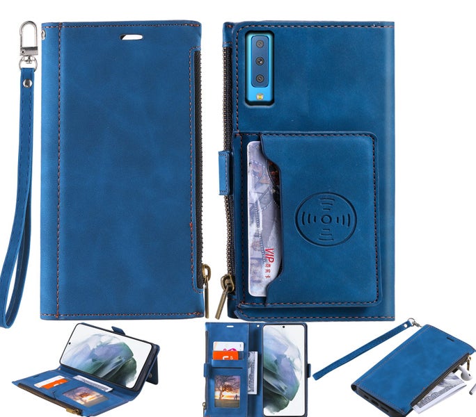 Galaxy A7 2018 A750 all in one PU leather wallet case front zip blue Carousel 1