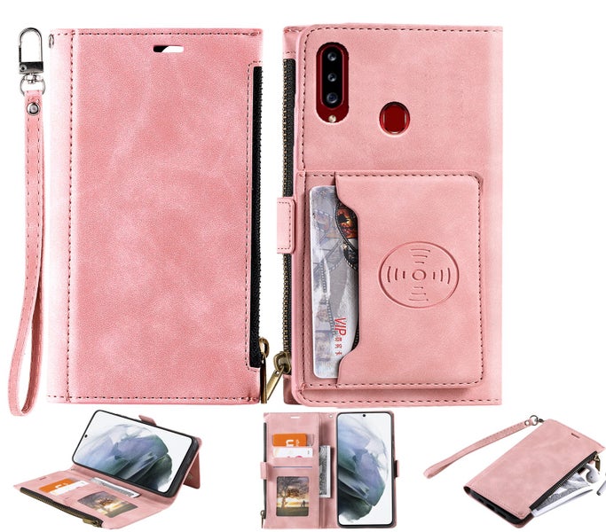 samsung galaxy a20s all in one PU leather wallet case front zip rose gold Carousel 1