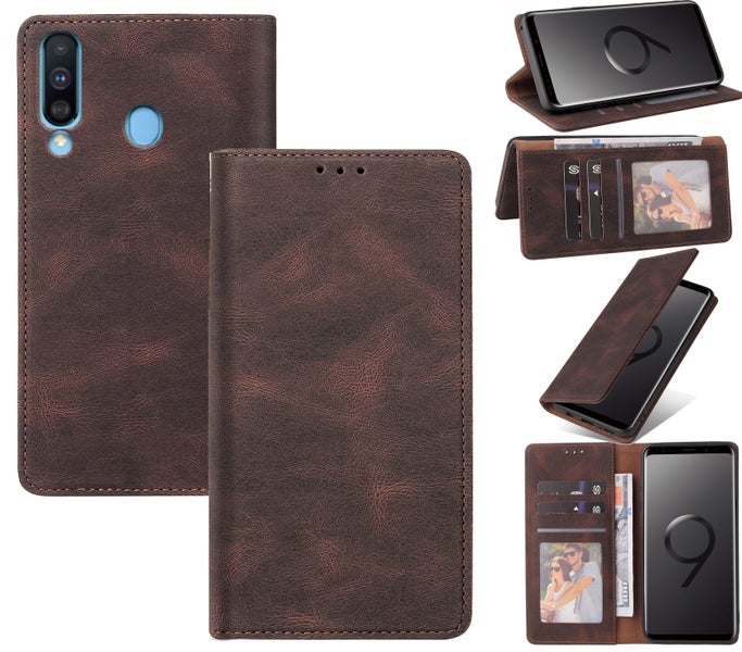 Galaxy A60 suede wallet case ultra slim concealed magnet brown Carousel 1