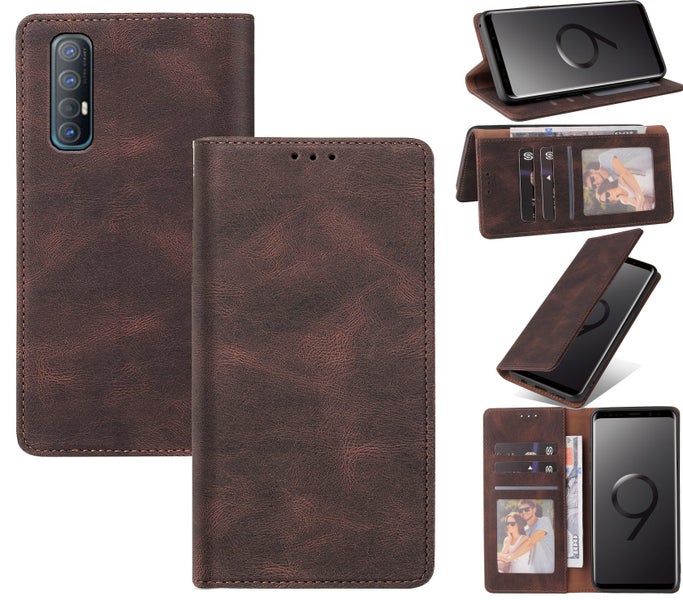 Oppo find x2 neo suede wallet case ultra slim concealed magnet brown Carousel 1