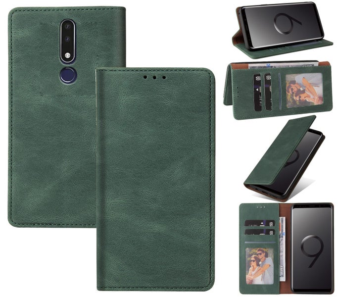 Nokia 3.1+ suede wallet case ultra slim concealed magnet green Carousel 1