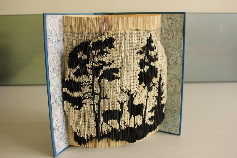 Deer in moon light: Drawing carved in book. One-of-a-kind Handmade Art sculpture Carousel 2