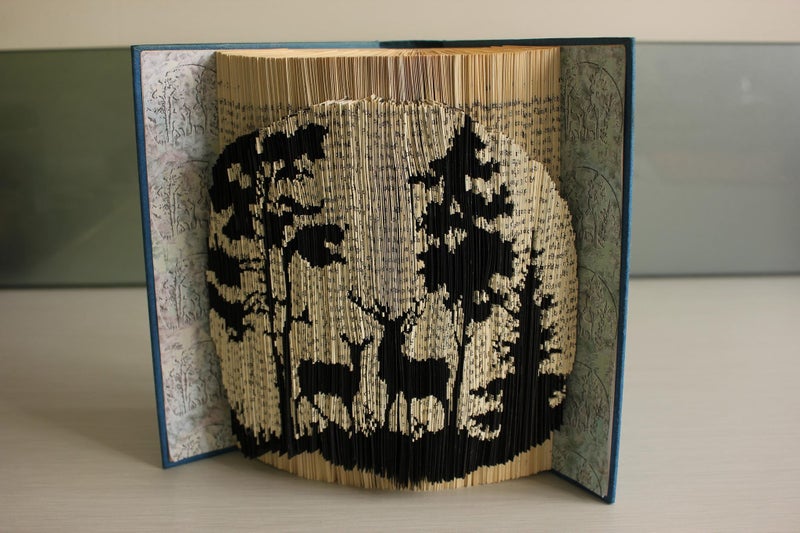 Deer in moon light: Drawing carved in book. One-of-a-kind Handmade Art sculpture Carousel 3