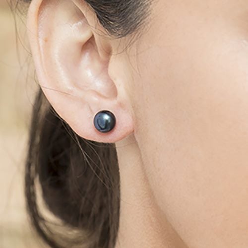 925 Sterling Silver Button Pearl Stud Earrings 8.5mm "Treena" (Black) Carousel 2