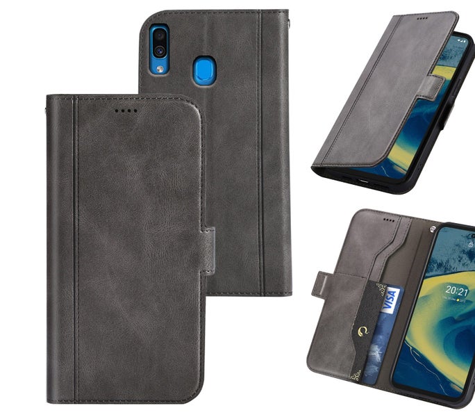 Galaxy A30 wallet case cowhide finish side magnet buckle grey Carousel 1