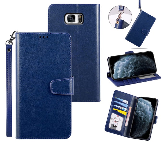 Galaxy S7 PU leather wallet case cowhide finish lanyard navy Carousel 1