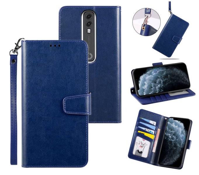 Vodafone Smart V10 PU leather wallet case cowhide finish lanyard navy Carousel 1