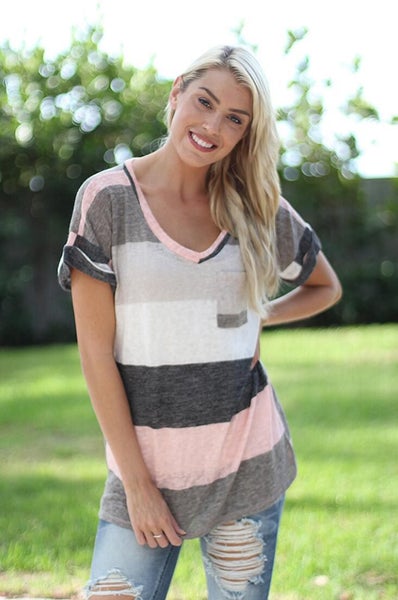 2XL Pink Rainbow Stripe Shirt Short Sleeve Deep V Neck Shirt-FZ9876P Carousel 1