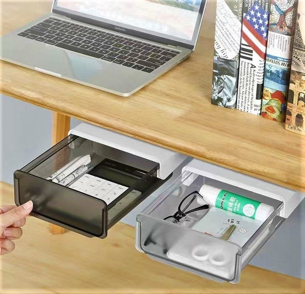 Under Desk Drawer, Pencil Pens Keys Makeup Sundries Storage Box - Grey Carousel 2