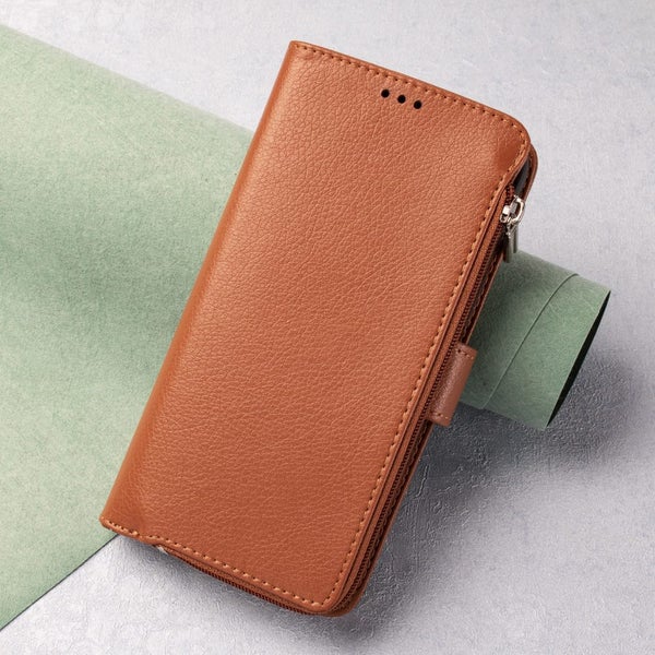 Nokia X30 full grain finish wallet case zipper & wrist strap tan Carousel 2