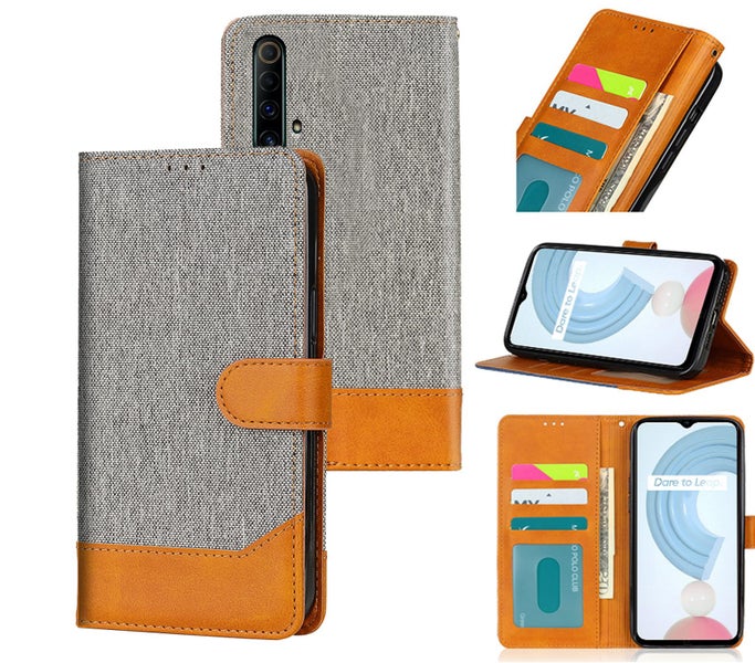 Realme X50 5G PU leather wallet case denim finish combined grey Carousel 1