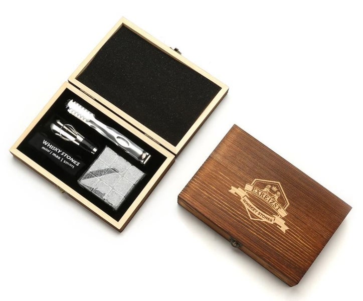 Whiskey Stones Gift Set - Wooden Box Set with 9 Granite Chilling Stones Carousel 1