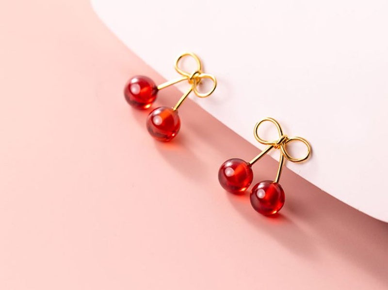 S925 Sweet Cherry Earrings Red Summer Fruit Studs Birthday Gift Women Jewelry Carousel 1
