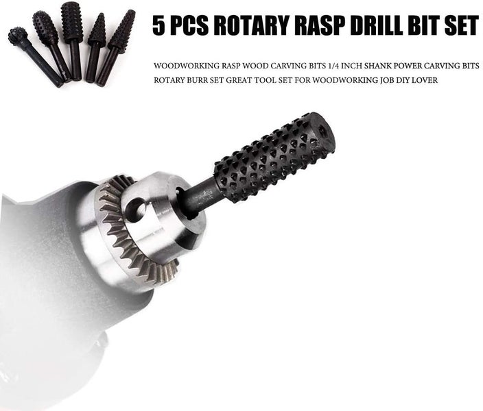 5 PCS Black Rotary Burr Wood Rasp/Drill/Carving Bits Power Wood Carving Bits Set Carousel 3