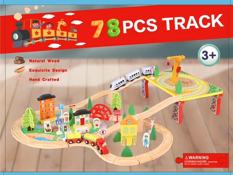 78 Pcs Wooden Railway Track Toy Early Educational Manual Control Car Set Gift Carousel 2