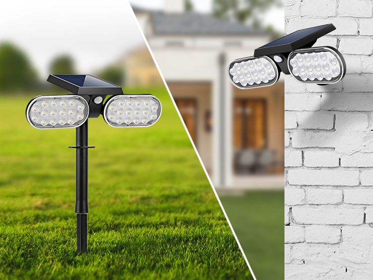 SOLAR FLOODLIGHT 2 HEADS 270° PIR SENSOR Footpath/wall mount dual purpose Carousel 1