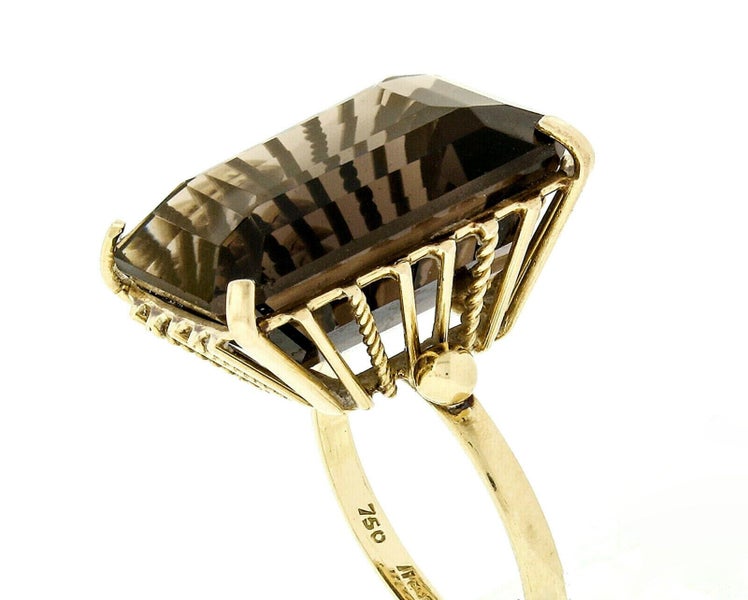 Vintage 18K Gold Emerald Step Cut Smokey Topaz Wire Basket Cocktail Ring Carousel 1