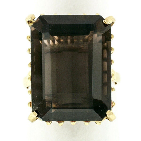 Vintage 18K Gold Emerald Step Cut Smokey Topaz Wire Basket Cocktail Ring Carousel 2