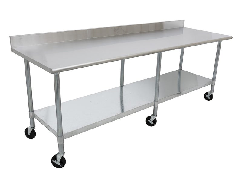 2.4m Stainless Steel Mobile Commercial Kitchen Bench 6 Wheels, Splashback, Shelf Carousel 1