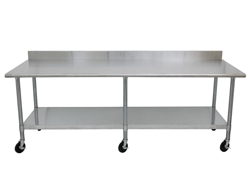 2.4m Stainless Steel Mobile Commercial Kitchen Bench 6 Wheels, Splashback, Shelf Carousel 2