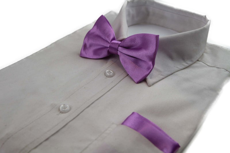 Mens Light Purple Plain Bow Tie & Matching Pocket Square Set Carousel 1